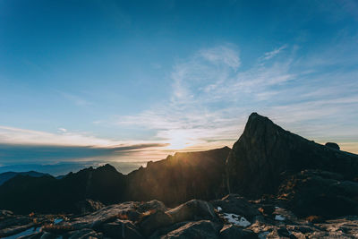 Scenic view of snowcapped mountains against sky during sunset