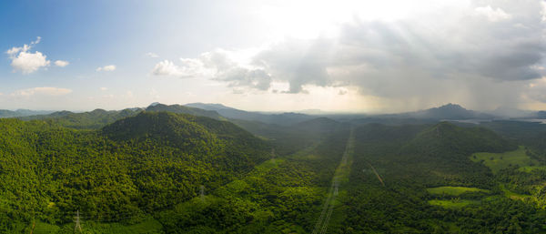 Landscape aerial view panoramic at sunset . mae chang reservoir, mae moh, lampang, thailand, drone.