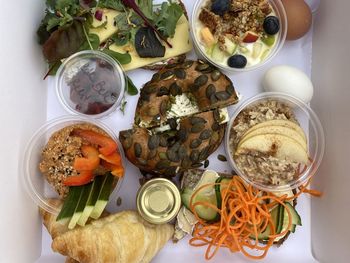 Directly above shot of food served on table