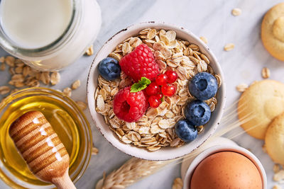 High angle view of breakfast on table