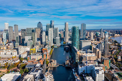 Aerial panoramic view of the canary wharf business district in london, uk.