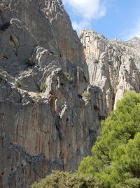 Low angle view of rocky mountains against sky in ardales park, malaga, spain. 