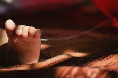 Low section of baby lying on bed at home
