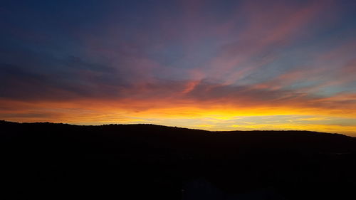 Scenic view of silhouette mountain against dramatic sky during sunset