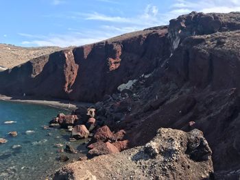 Rock formations by sea against sky