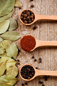 High angle view of food in wooden spoons on table