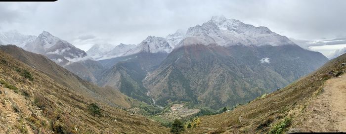 Panoramic view of snowcapped mountains against sky