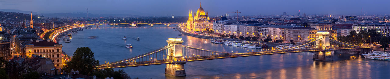 High angle view of chain bridge over danube river at night