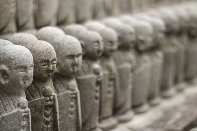 Close-up of old statue against building