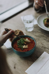 Soup in bowl in restaurant