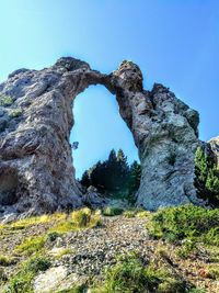 Low angle view of rock formation against clear sky