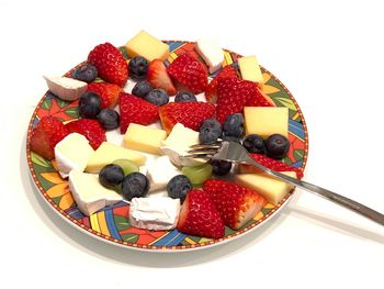 High angle view of strawberries in bowl