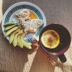 High angle view of breakfast on table