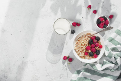 High angle view of breakfast on table