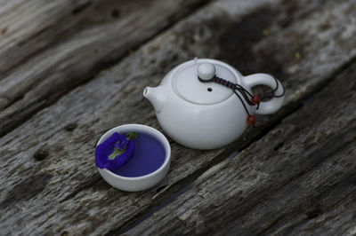 High angle view of tea cup on table