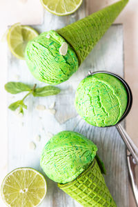 High angle view of green fruit on table