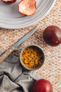 High angle view of breakfast on table