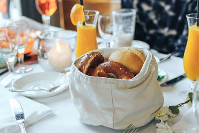 Close-up of breads on table in restaurant