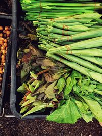 High angle view of vegetables for sale in market