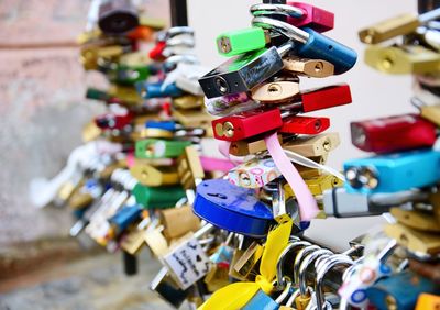 Close-up of padlocks hanging