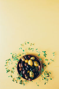 High angle view of fruits served on table