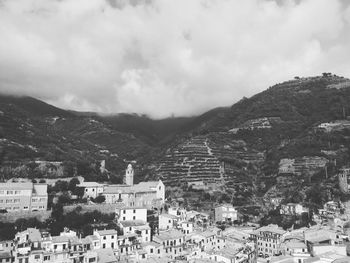 High angle view of houses and mountains