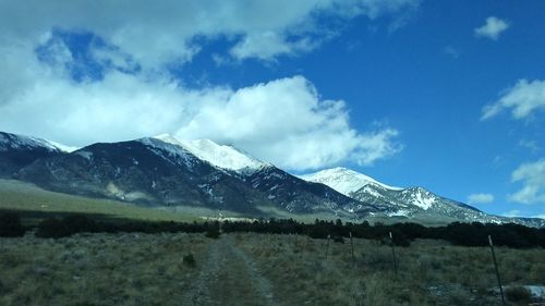 Scenic view of snowcapped mountains against sky