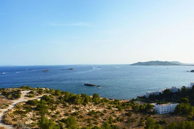 High angle view of sea against clear sky