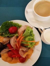 High angle view of food in plate on table