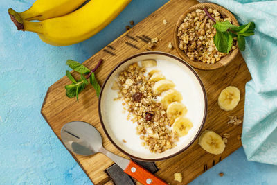 High angle view of breakfast served on table