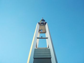 Low angle view of lighthouse on building against clear blue sky