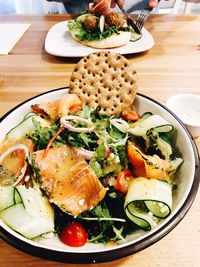 High angle view of salad in plate on table