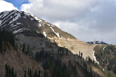 Low angle view of snowcapped mountains against sky