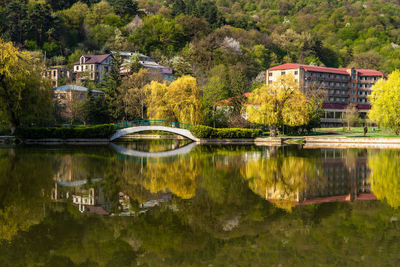 Scenic view of lake in town