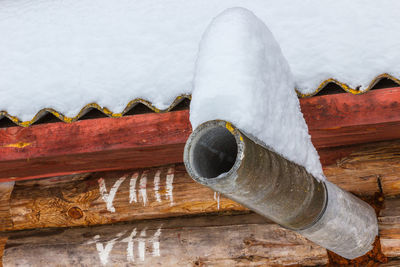 Low angle view of snow on pipe and roof