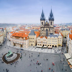 High angle view of buildings in town