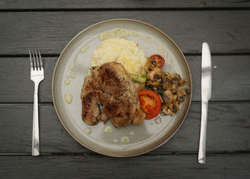 High angle view of food in plate on table