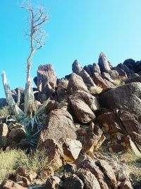 Low angle view of rock formation against clear blue sky