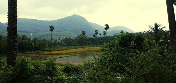 Scenic view of lake and mountains against sky