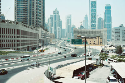 High angle view of city street and buildings