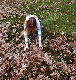 High angle view of man on field during autumn