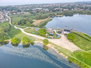 High angle view of river amidst trees