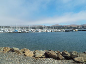 Sailboats in sea against sky