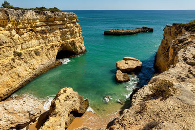 High angle view of rocks in sea against sky