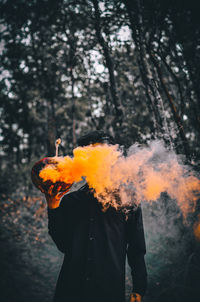 Man standing by bonfire on tree in forest