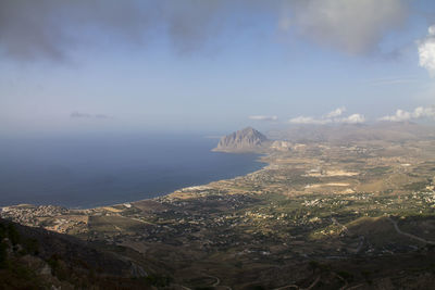 Scenic view of sea and mountains against sky