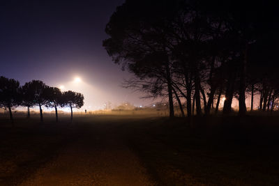 Silhouette trees on landscape against sky at night