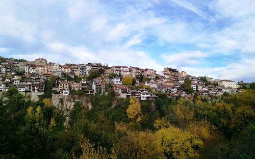 Houses and trees in city against sky