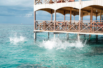 Water splashing in sea against sky