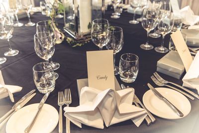 Empty chairs and tables in restaurant